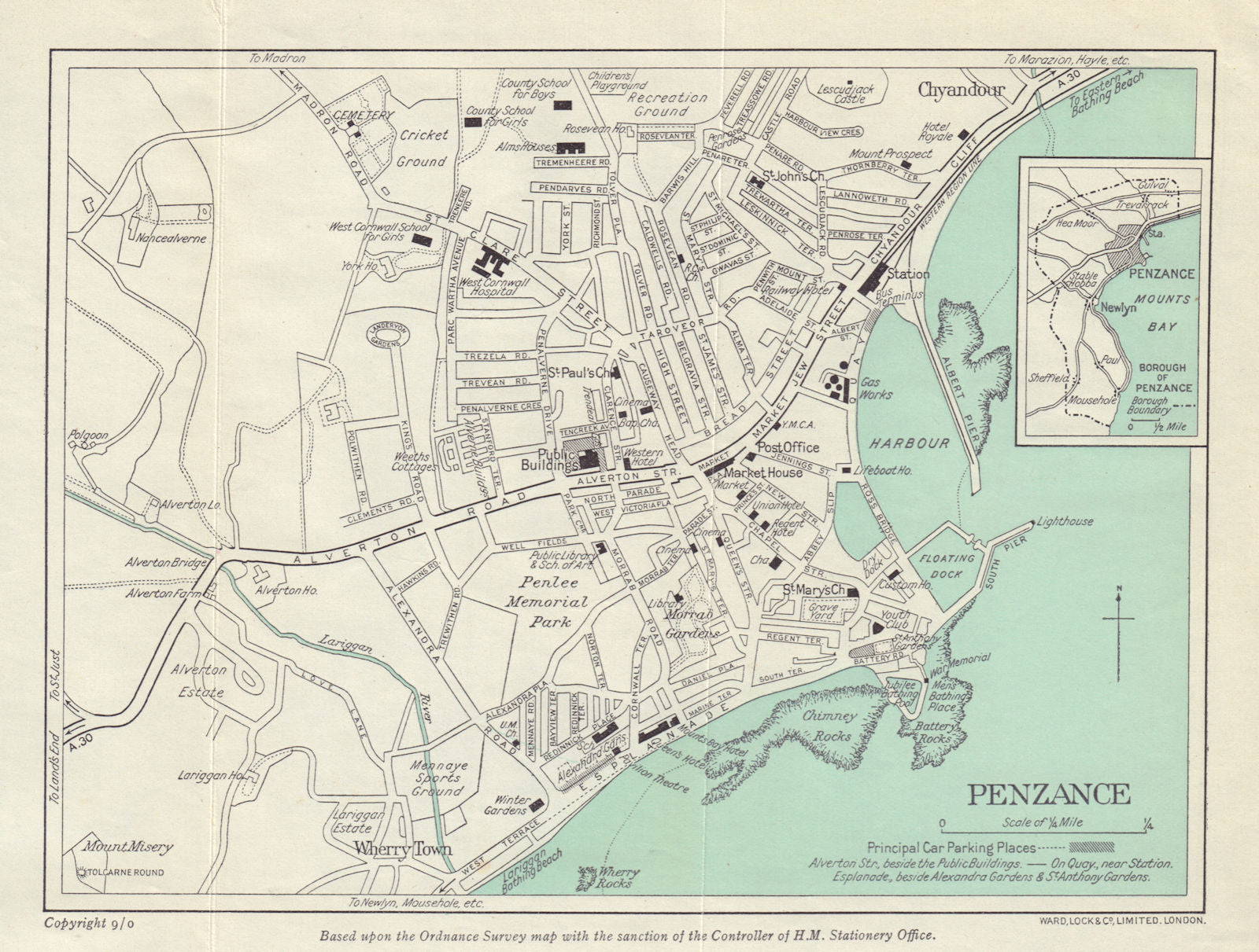 PENZANCE vintage tourist town city plan. Cornwall. WARD LOCK 1950 old map